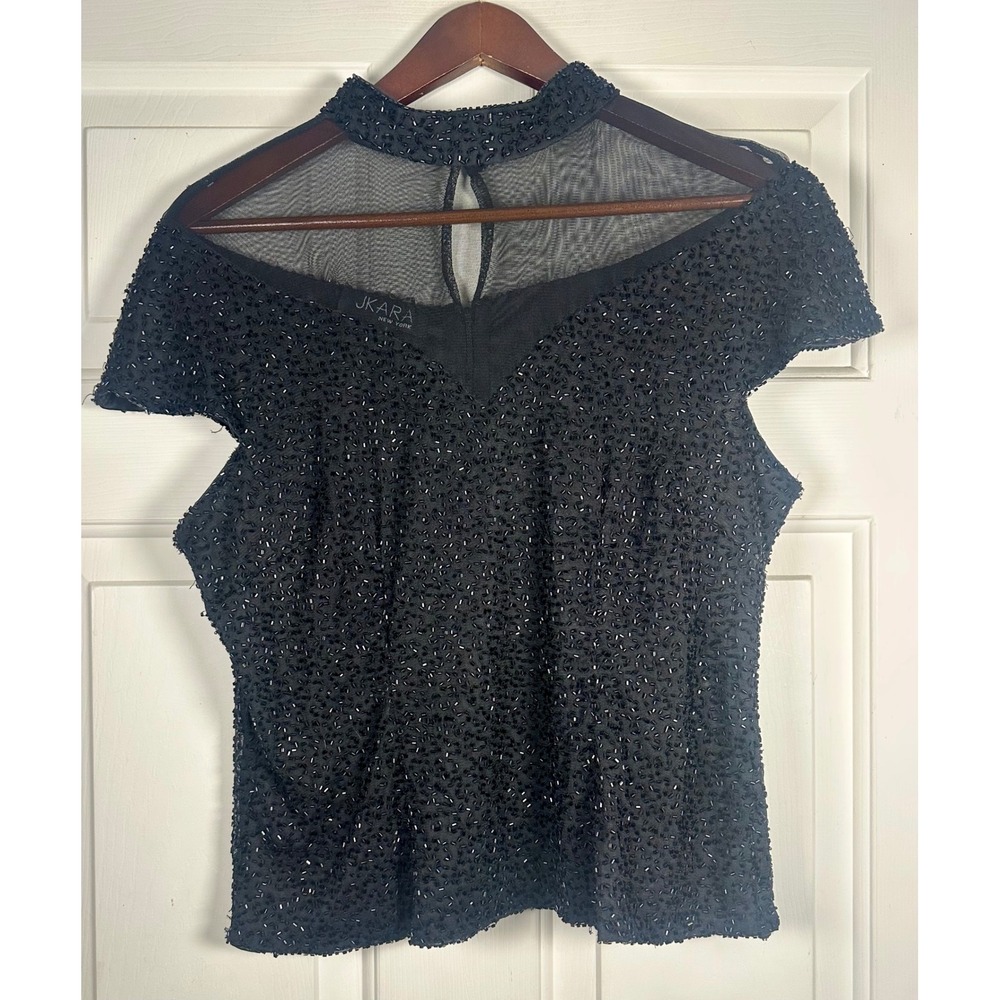 J Kara L Black Beaded Mock Neck Sheer Yoke‎ Evening Blouse Top Evening Goth